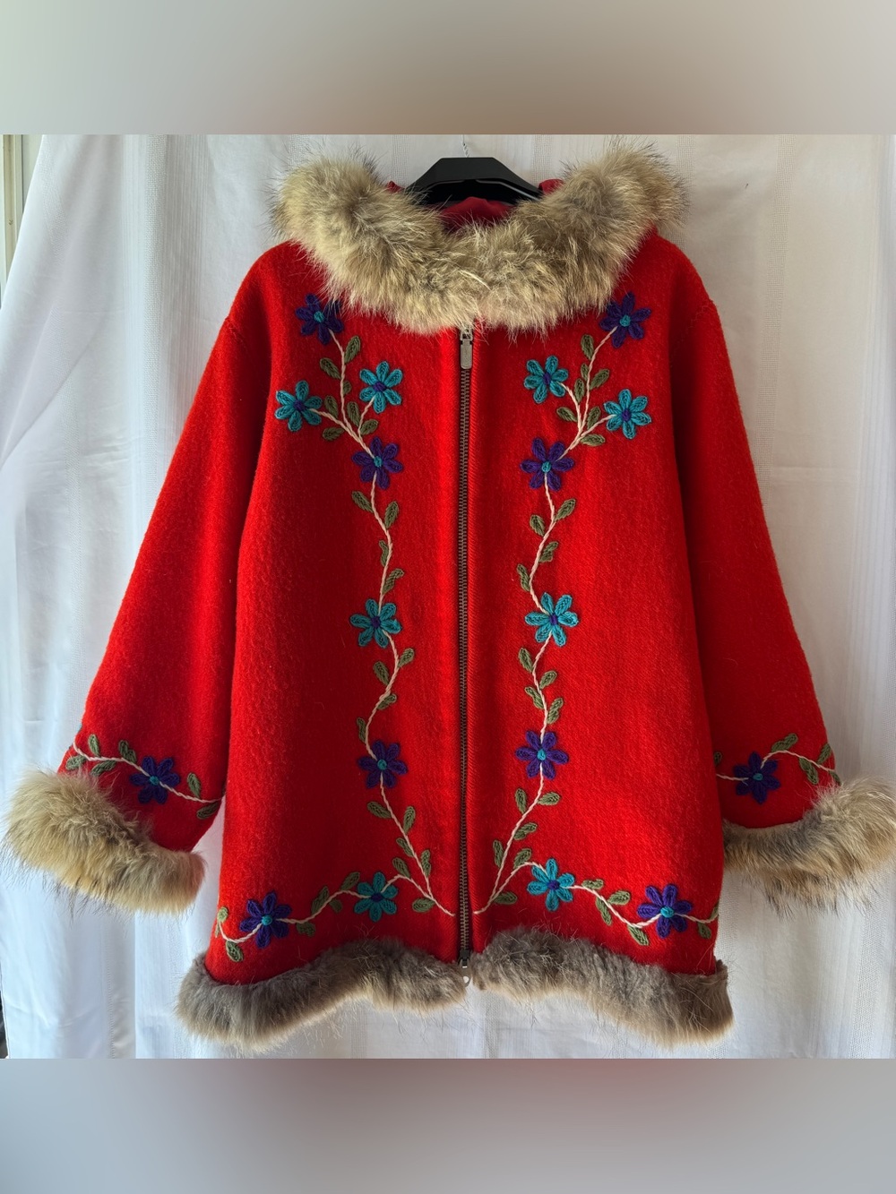 Vintage 1970s Inuit Handcrafted Red Parka with Fur Trim & Blue Shell